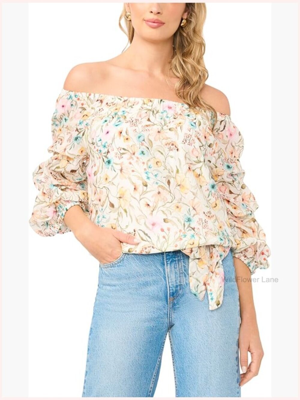 Off Shoulder 3/4 Sleeve Tie Blouse Blouse Floral Top